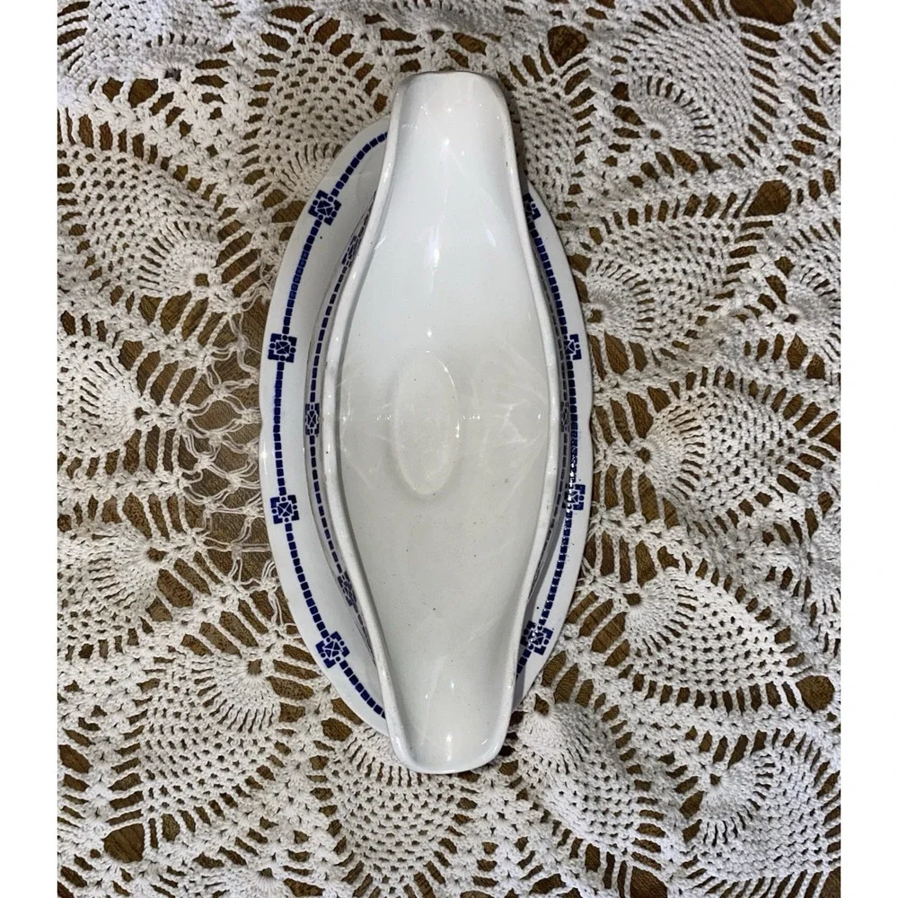 Antique‎ Villeroy & Boch Dresden Gravy Boat Underplate Blue Border c1900 Germany